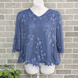 Vintage Fashion Bug Beaded Top Womens 22 Floral Blouse Blue Y2K 90's Eveningwear